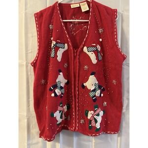 Vintage BOBBIE BROOKS Ugly Grandma Sweater Vest RED Christmas SNOWMEN Zip XL